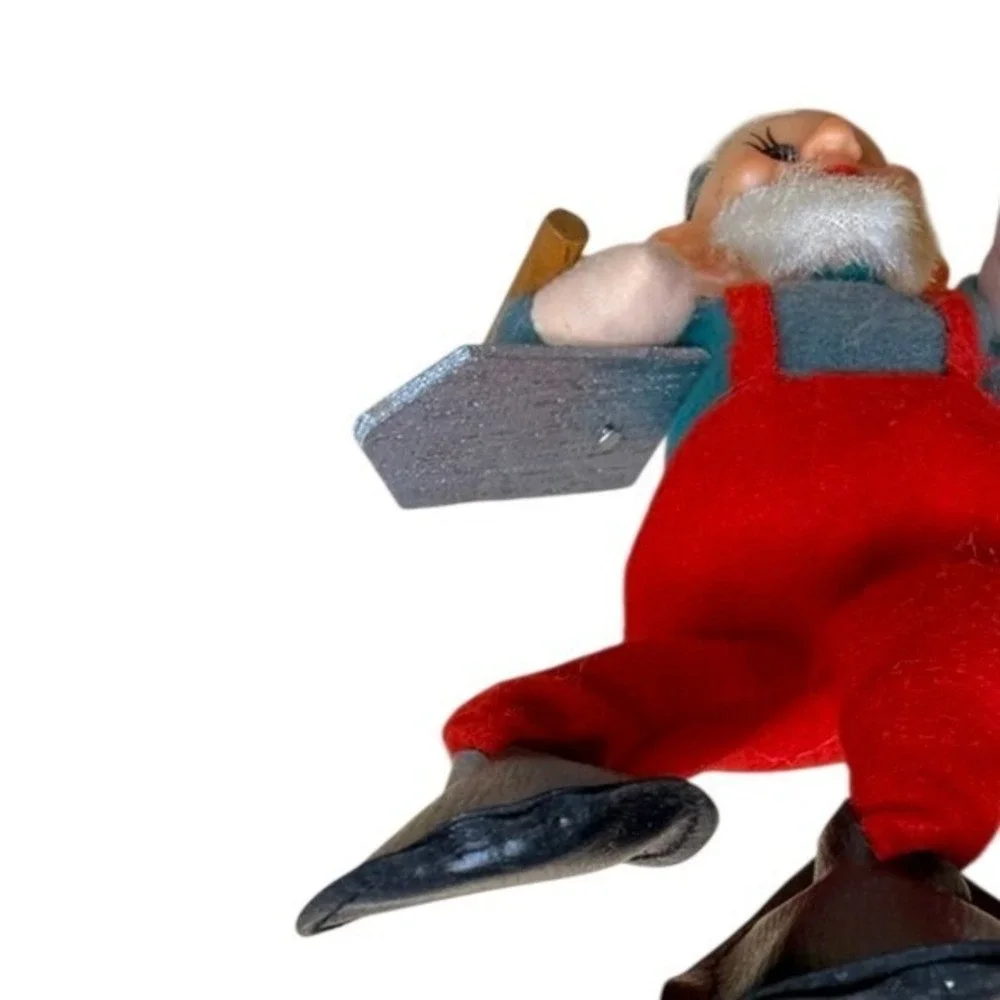 Vintage Whimsical Elf Figurine Red Overalls GR Shirt Winking Holding Trowel Tool